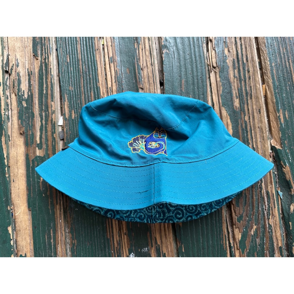 Reversible Teal Bucket Hat Embroidered Cat Paisley Print Sun Hat A3663